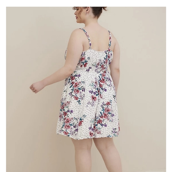 Torrid Tie Front Smocked Waist White Floral Gauze Full Skirted Mini Dress - Picture 3 of 7